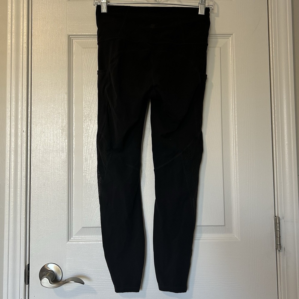 Athleta‎ Black Polka Dot Mesh Siding Pockets 7/8 Length Leggings